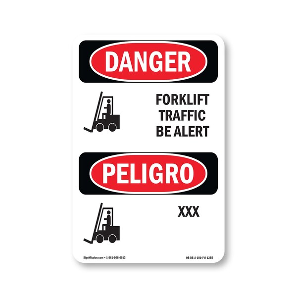 Signmission OSHA Danger Sign, 14" Height, Aluminum, Forklift Traffic Be Alert Bilingual, 1014-VI-1265 OS-DS-A-1014-VI-1265 - main