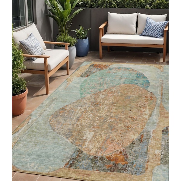 Homeroots 5' X 8' Teal Blue And Copper Abstract Washable Indoor Outdoor Area Rug 615717 - main