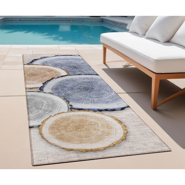 Homeroots 8' Beige Blue And Gold Faux Bois Washable Indoor Outdoor Runner Rug 564393 - main