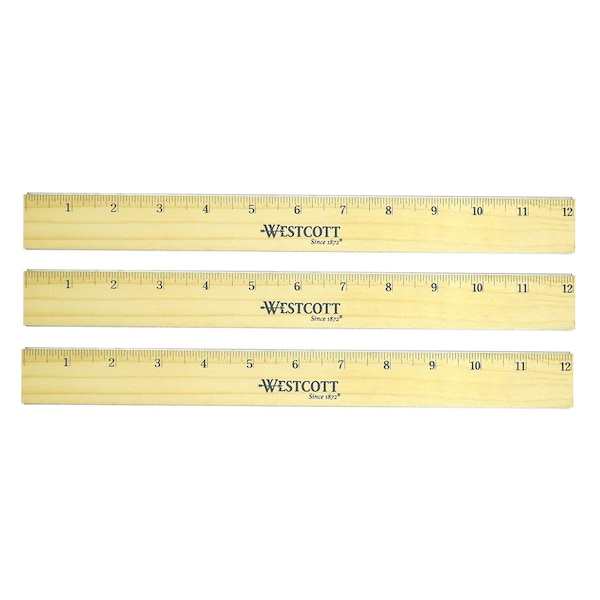 Westcott Flat Wood Ruler With Two Double Brass Edges, Standard/Metric, 12 in, Clear Lacquer Finish, 3PK 05221 - main