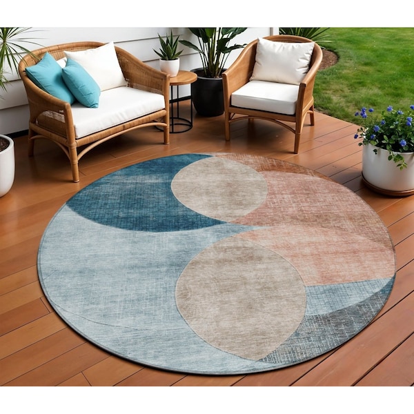 Homeroots 8' Rust Beige And Teal Blue Round Geometric Washable Indoor Outdoor Area Rug 604937 - main
