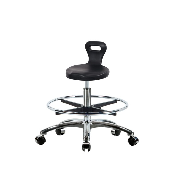 Blue Ridge Ergonomics Poly Serpent Stool Chrome - Medium Bench Height with Chrome Foot Ring & Chrome Casters in Black Poly PSPMBSL-CR-CF-CC-BLK - main