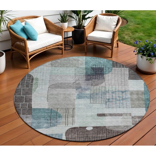 Homeroots 8' Teal Blue Gray And Charcoal Round Abstract Washable Indoor Outdoor Area Rug 604386 - main
