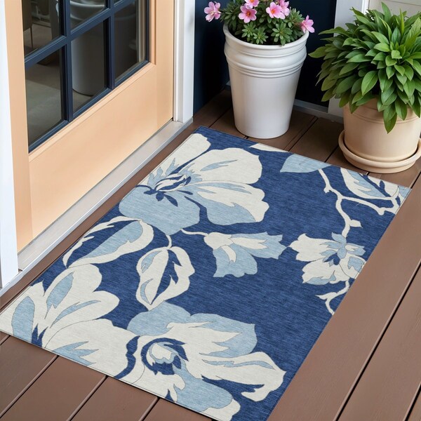 Homeroots 3' X 5' Navy Blue Denim Blue And Ivory Floral Washable Indoor Outdoor Area Rug 589554 - main