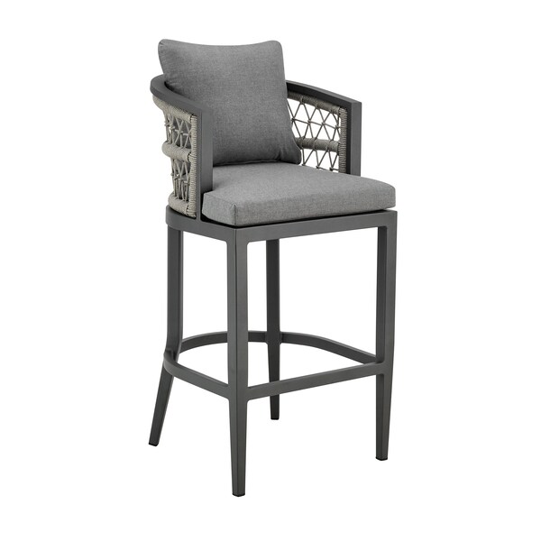 Armen Living Zella Outdoor Patio Counter Stool in Aluminum with Light Gray Rope and Earl Gray Cushions LCZEBAGRY26 - main