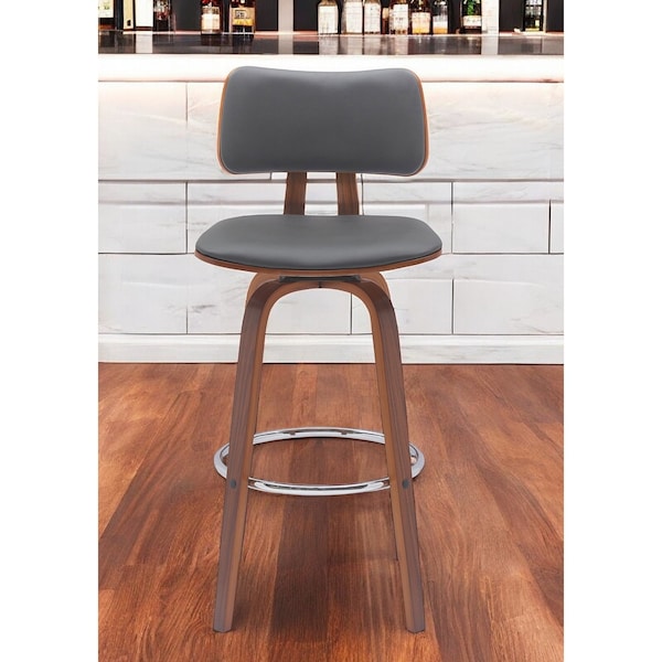 Homeroots 30" Gray And Wood Brown Faux Leather Swivel Low Back Bar Height Bar Chair 534435 - main