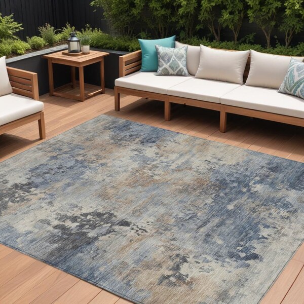 Homeroots 9' X 12' Denim Blue Beige And Charcoal Abstract Washable Indoor Outdoor Area Rug 630877 - main