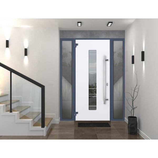 Vdomdoors Steel Door Deux 5755 Gray Graphite 2 Sidelight Exterior Windows Stainless Inserts Single Modern Pai DEUX5755EXD-GRE-W14+36+14 x H80-Right-hand Inswing - main