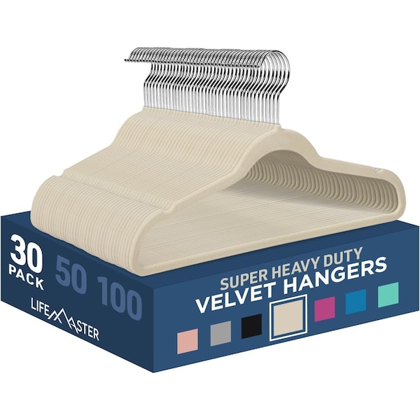 Lifemaster Velvet Non-Slip Hangers, Heavy Duty, 360 Deg Swivel Hook, Space-Saving, Ivory, 30PK LMVELIVO33 - main