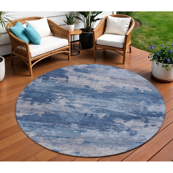 Homeroots 8' Navy Blue And Ivory Round Abstract Washable Indoor Outdoor Area Rug 630929 - main