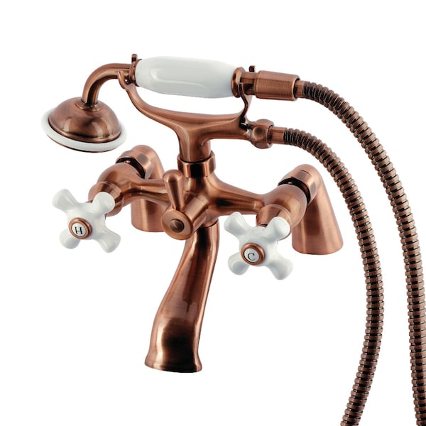 Kingston Brass 6" Center Deck-Mount Clawfoot Tub Faucet with Hand Shower, Antique Copper KS267PXAC - main