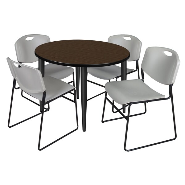 Regency Round Kahlo Breakroom Table W/ 4 Zeng Stack Chairs, 42 in W, 42 in L, Neo Walnut TPL42RNDNWBK44GY - main