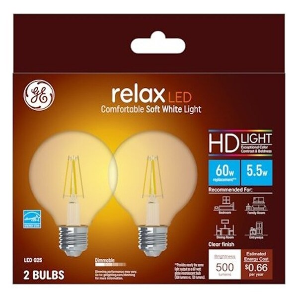 Ge Relax Series Replacement LED Light Bulb, G25 Lamp, 60 W Equivalent, E26 Dimmable, Clear, PK2 31544 - main