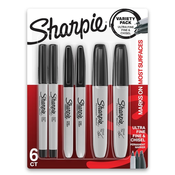Sharpie Permanent Markers Variety Pack, Fine, Ultra-Fine, & Chisel-Point Markers, Black, 6PK 2135318 - main