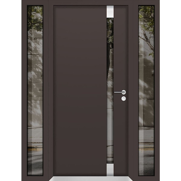 Vdomdoors Aluminum Door Cynex 6777 Brown Entry Steel Metal Modern Painted W16+32+16xH80 Right Inswing CYNEX6777EXD-BRW-W16+32+16xH80-RH-I - main