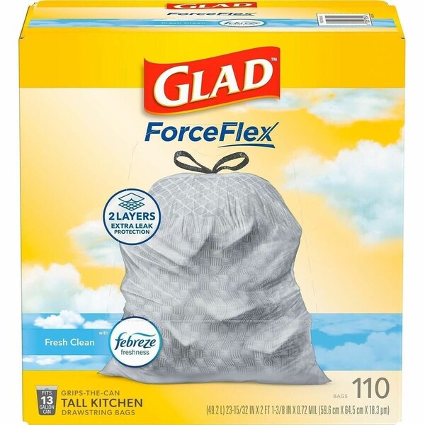 Glad ForceFlex Tall Kitchen Drawstring Trash Bags, 13 gal, Fresh Clean Scent, 10.19 x 9.81, Gray, 330PK 78563 - main