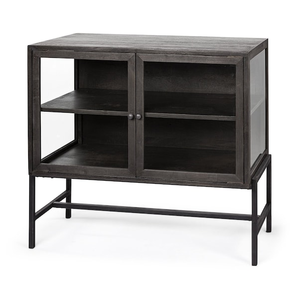 Homeroots 36in Brown and Black Solid Wood and Metal Display Cabinet With Two Doors 611058 - main