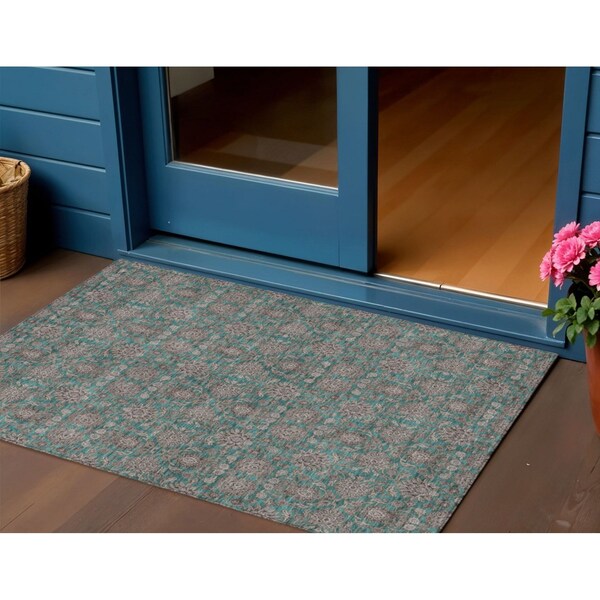 Homeroots 3' X 5' Teal Blue Beige And Taupe Floral Washable Indoor Outdoor Area Rug 582308 - main