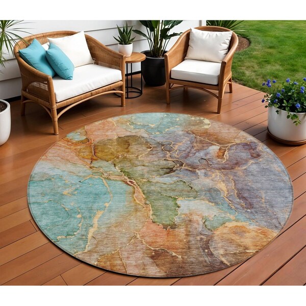 Homeroots 8' Copper Orange And Teal Blue Round Abstract Washable Indoor Outdoor Area Rug 581763 - main