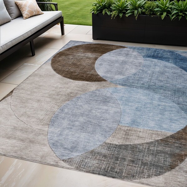 Homeroots 5' X 8' Denim Blue Brown And Beige Geometric Washable Indoor Outdoor Area Rug 604906 - main