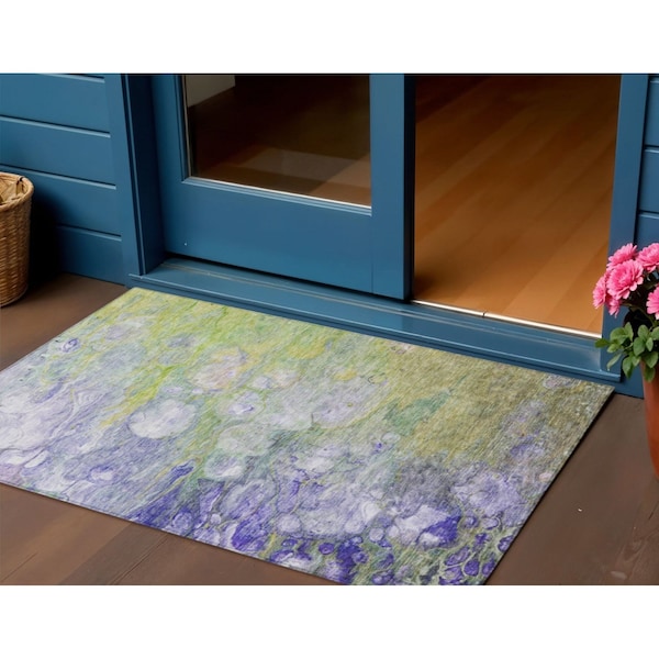 Homeroots 3' X 5' Artichoke Green Purple And Lilac Abstract Washable Indoor Outdoor Area Rug 582146 - main