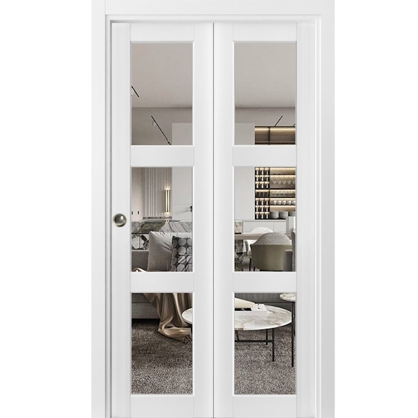 Sartodoors Sliding Closet Bi-fold Doors, Lucia 2555 White Silk with Clear Glass, Sturdy Tracks Moldings Trims LUCIA2555BF-WS-64 x 80 (2* 32x80) - main