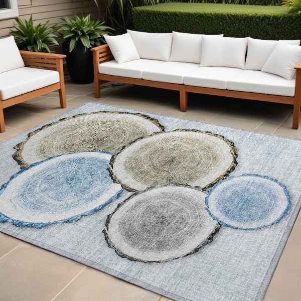 Homeroots 10' X 14' Blue Gold and Gray Faux Bois Washable Non Skid Indoor Outdoor Area Rug 564409 - main