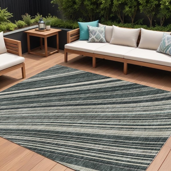 Homeroots 9' X 12' Black Gray And Ivory Striped Washable Indoor Outdoor Area Rug 614963 - main
