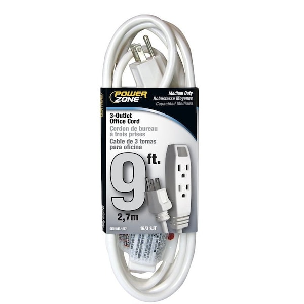 Powerzone SJT Extension Cord, 16 AWG, Indoor, 16/3, 3 Outlets, 5-15R, White, 5-15P, 9 ft OR890609 - main