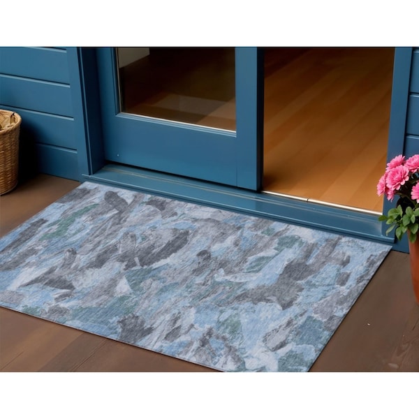 Homeroots 3' X 5' Denim Blue And Blue Abstract Washable Indoor Outdoor Area Rug 609238 - main