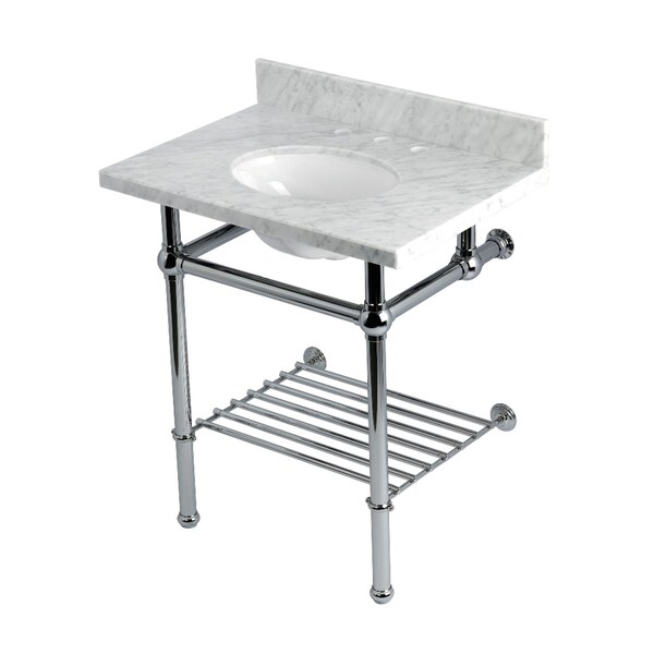 Kingston Brass 30-Inch Carrara Marble Console Sink with Brass Legs and Shelf, 8-Inch, 3-Hole KVPB30MBB1 - main