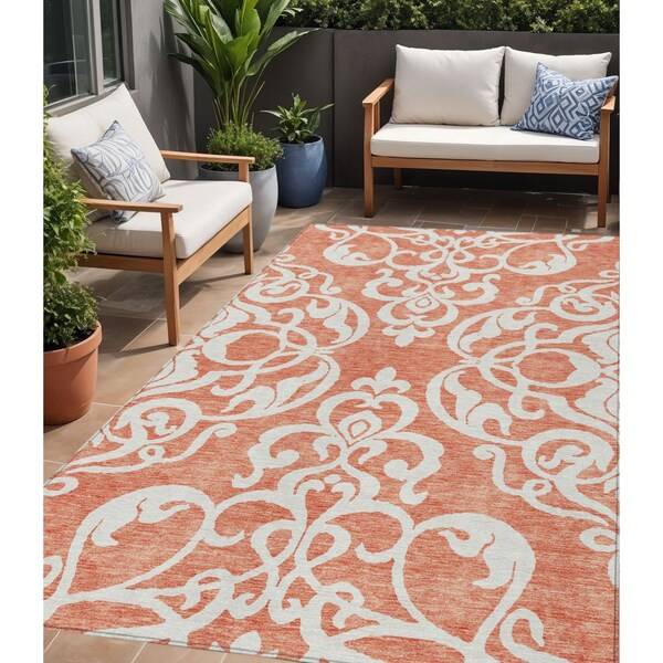Homeroots 5' X 8' Coral And Ivory Damask Washable Indoor Outdoor Area Rug 614420 - main