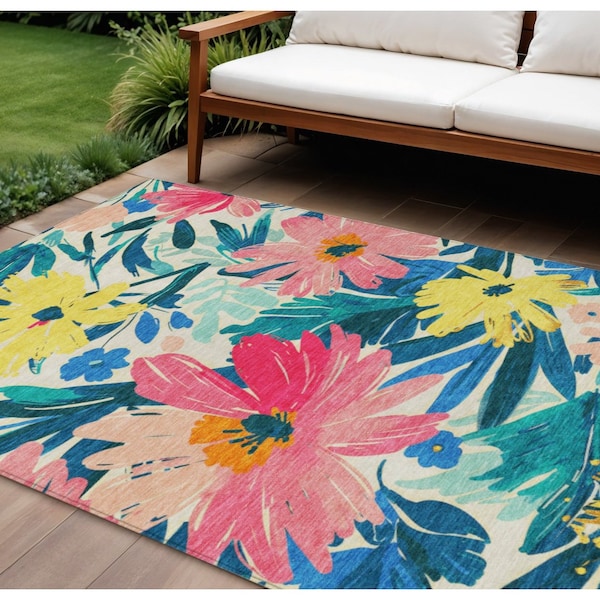 Homeroots 8' X 10' Blush And Pink Floral Washable Indoor Outdoor Area Rug 610976 - main