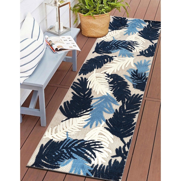 World Rug Gallery Vicenza Tropical Floral Indoor/Outdoor Runner Rug 2 ft 7 in x 6 ft Navy 8011NAVY27X6 - main