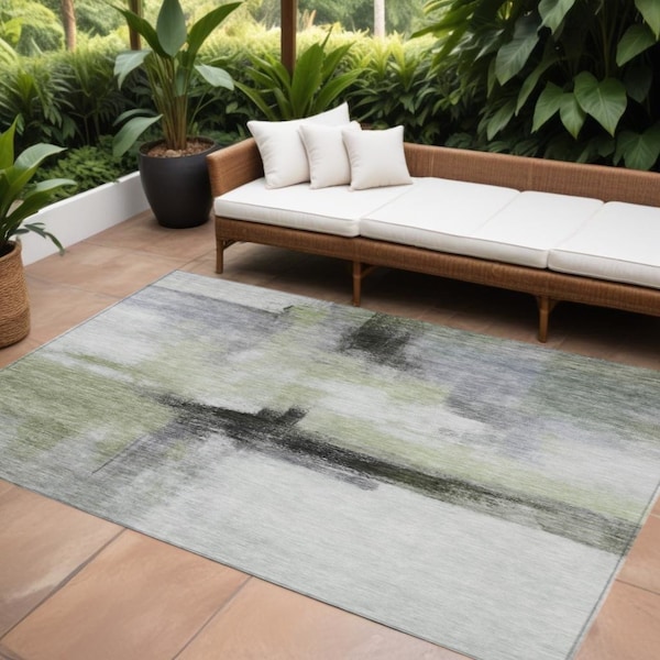 Homeroots 8' X 10' Sage Black And Gray Abstract Washable Indoor Outdoor Area Rug 603656 - main