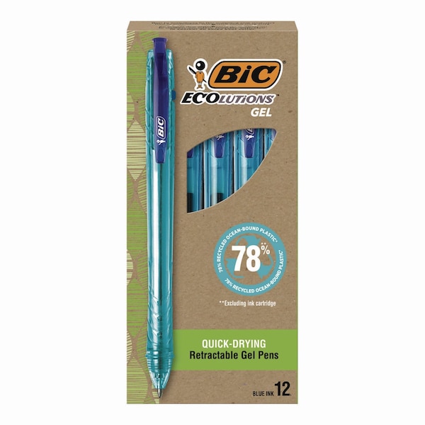 Bic Ecolutions Gel Pen, Retractable, Medium 1 mm, Blue Ink, Blue Barrel, 12PK RGLE11-BLU - main