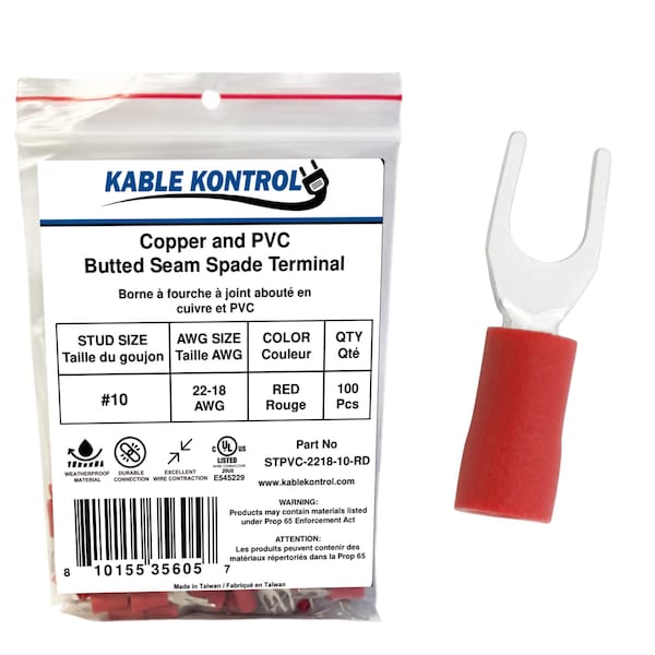Kable Kontrol Copper and PVC Butted Seam Spade Terminal, 22-18 AWG, Stud Size # 10, Red, 100 Pcs, 100PK STPVC-2218-10-RD - main