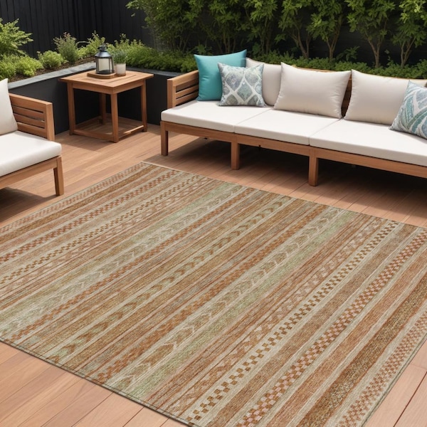 Homeroots 9' X 12' Terra Cotta And Rust Striped Washable Indoor Outdoor Area Rug 615390 - main