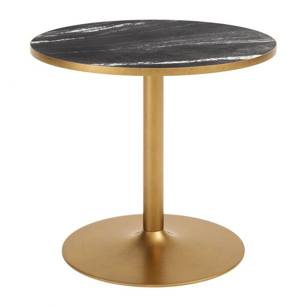 Homeroots 36" Black and Gold Glass and Steel Pedestal Base Round Top Dining Table 720925 - main