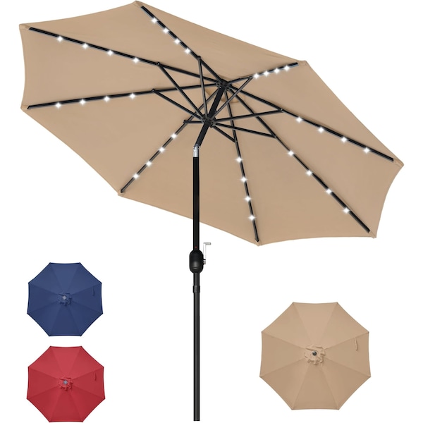 Simple Deluxe 9' Solar Umbrella 32 LED Lighted Patio Umbrella Table Market Umbrella with Push Button Tilt/Crank O LGBRLA9LEDTAN - main