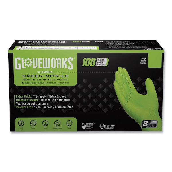 Gloveworks By Ammex Heavy-Duty Industrial Nitrile Gloves, Powder-Free, Large, 8 mil Thick, 9.5" Long, Green, 1000PK GWGN46100 - main