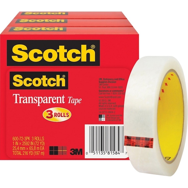 3M Transparent Tape, 1 x 2592 in., PK3 600-72-3PK - main