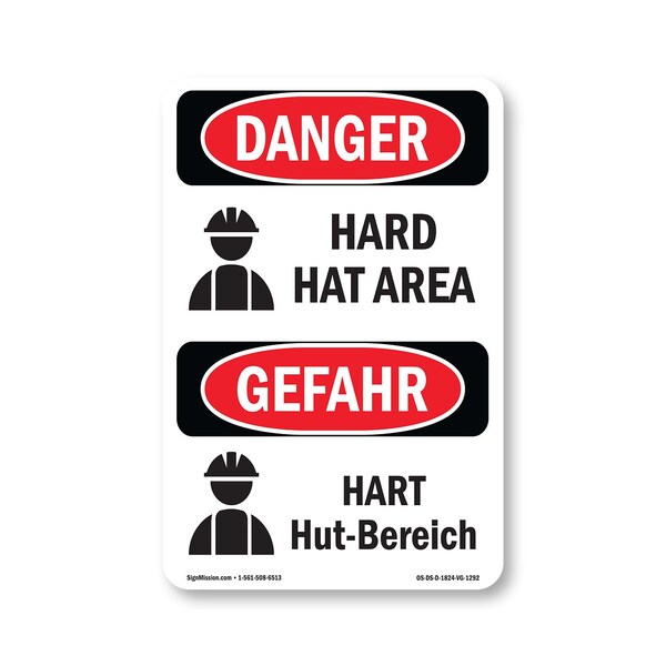 Signmission OSHA Danger Sign, Hard Hat Area Bilingual, 24in X 18in Decal, OS-DS-D-1824-VG-1292 OS-DS-D-1824-VG-1292 - main