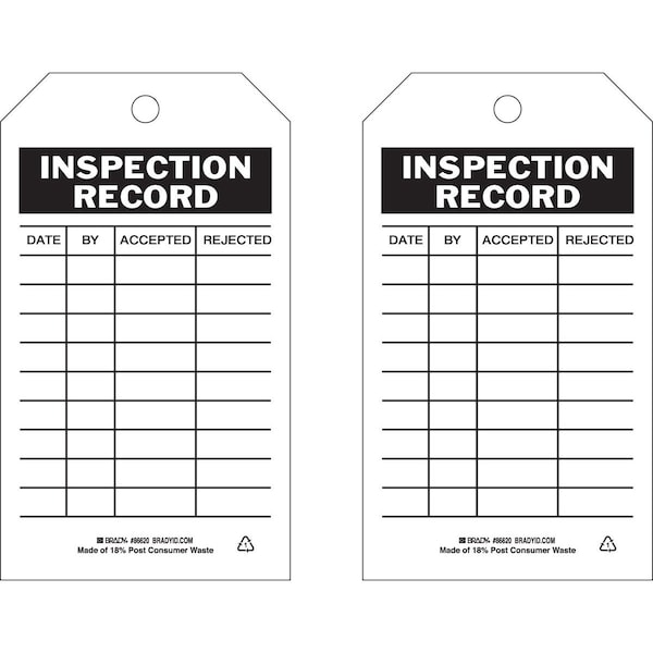 Brady Tag INSPECTION RECORD Polyester 5.75 x 3 Black on White 10/PK, 10PK 86565 - main