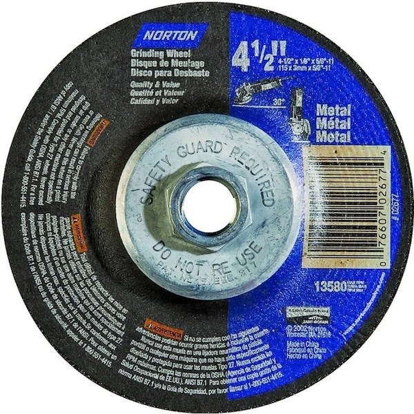 Norton Co Grinding Wheel, 412 in Dia, 18 in Thick, 5811 in Arbor, 24 Grit, Extra Coarse 66252843609 - main