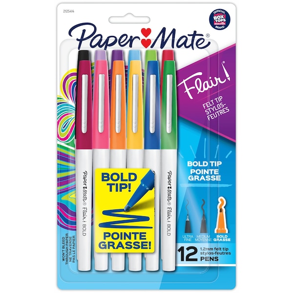 Paper Mate Flair Felt Tip Pens, Bold Tip (1.2 mm), Assorted Colors, 12PK 2125414 - main