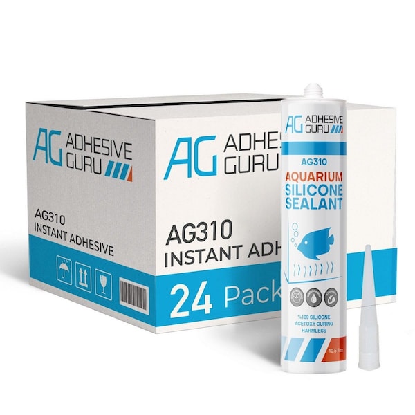 Adhesive Guru AG310 Aquarium Silicone Sealant 10.5 fl oz, 100% Silicone, Non-Toxic Fish Tank Glue, Clear, 24PK adgr_AquSil_AG310_24pk - main