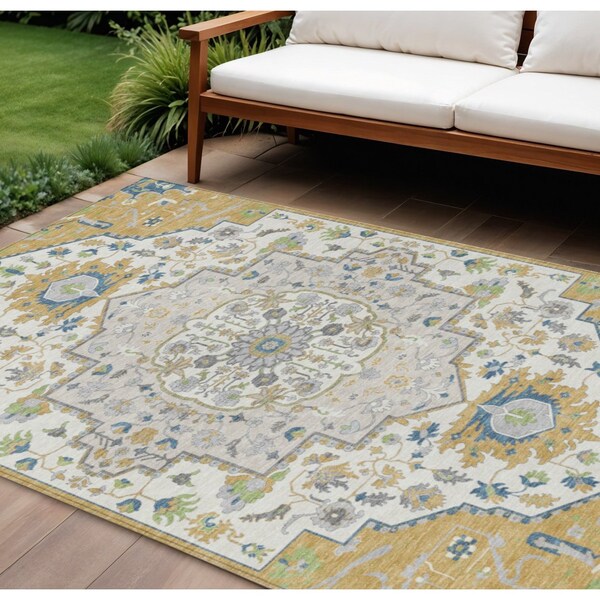 Homeroots 10' X 14' Gold Ivory And Blue Oriental Washable Indoor Outdoor Area Rug 596631 - main