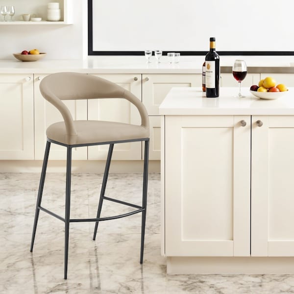 Homeroots 30" Beige and Black Faux Leather and Iron Low Back Bar Height Bar Chair 569187 - main