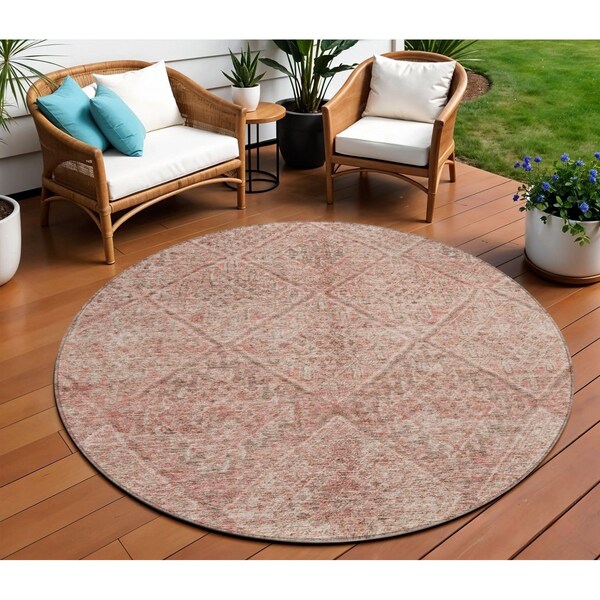 Homeroots 8' Pink And Brown Round Moroccan Washable Indoor Outdoor Area Rug 605135 - main